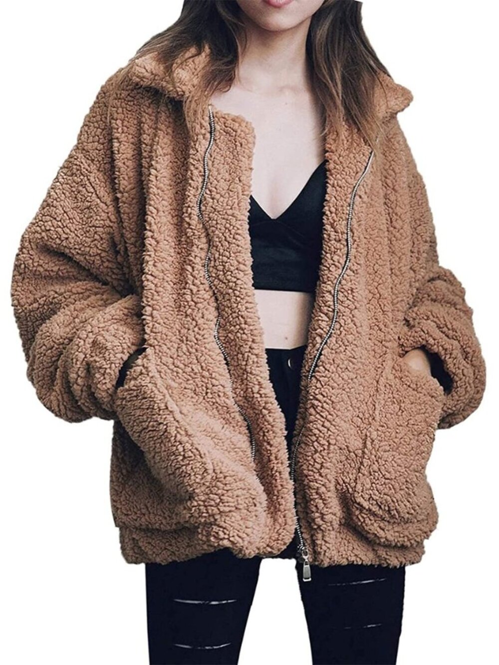 Women's Coat Casual Lapel Fleece Fuzzy Faux Shearling Zipper Coats Warm Winter